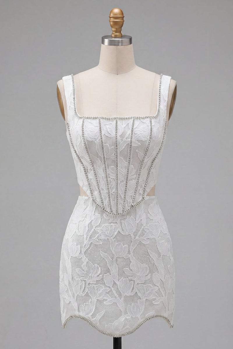 Load image into Gallery viewer, White Floral Corset Tight Square Neck Cut Out Short Birthday Party Dress