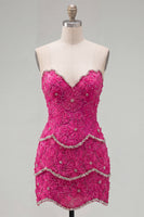 Load image into Gallery viewer, Sparkly Pink Floral Strapless Tight Short Birthday Party Dress with Pearls
