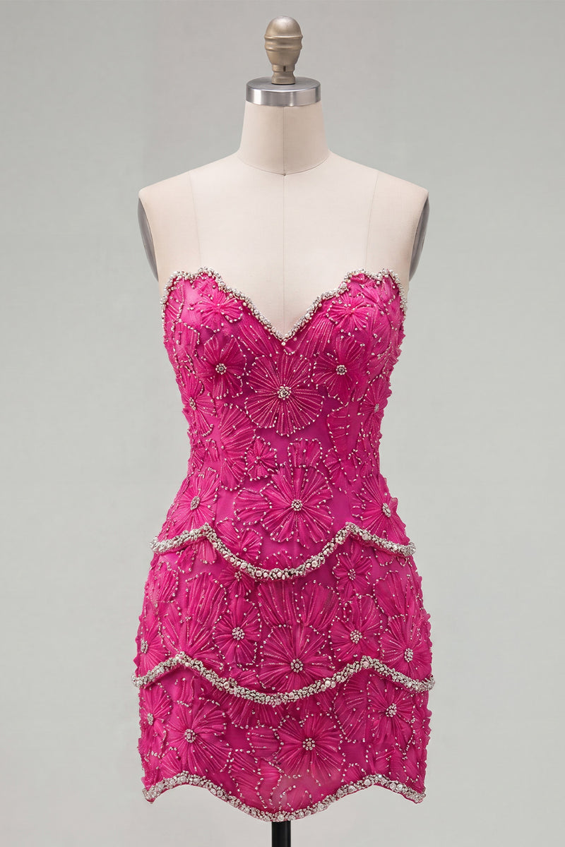Load image into Gallery viewer, Sparkly Pink Floral Strapless Tight Short Birthday Party Dress with Pearls
