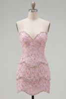 Load image into Gallery viewer, Sparkly Pink Floral Strapless Tight Short Birthday Party Dress with Pearls