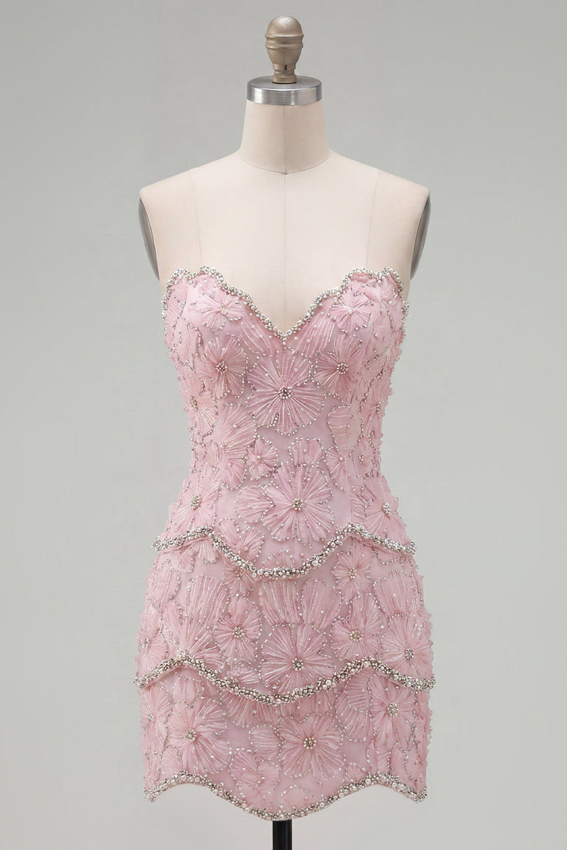 Load image into Gallery viewer, Sparkly Pink Floral Strapless Tight Short Birthday Party Dress with Pearls