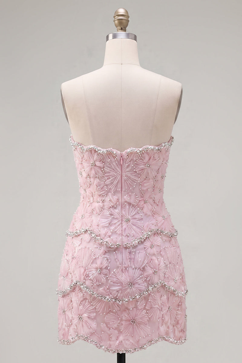 Load image into Gallery viewer, Sparkly Pink Floral Strapless Tight Short Birthday Party Dress with Pearls