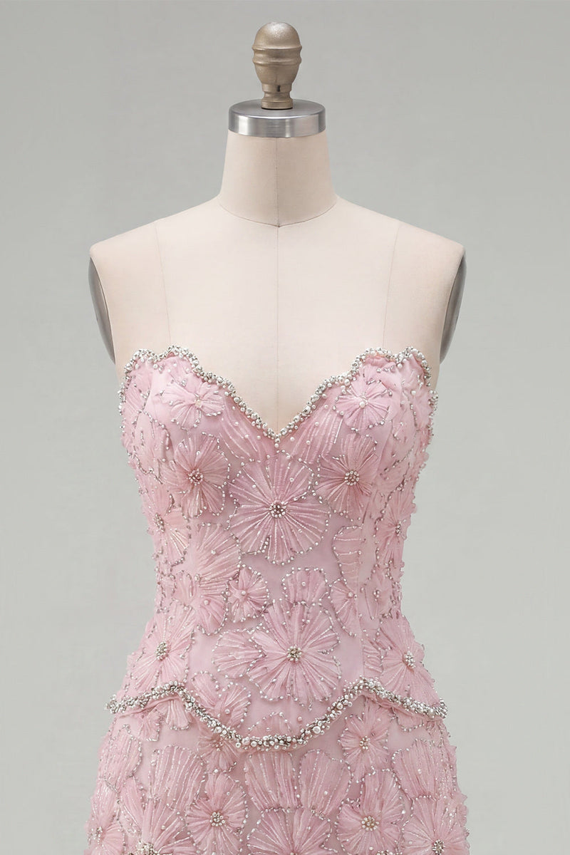 Load image into Gallery viewer, Sparkly Pink Floral Strapless Tight Short Birthday Party Dress with Pearls