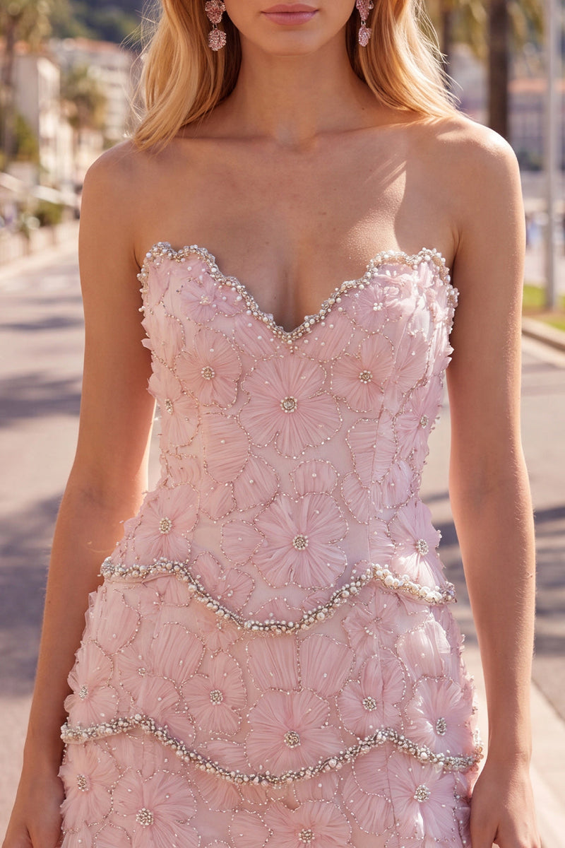 Load image into Gallery viewer, Sparkly Pink Floral Strapless Tight Short Birthday Party Dress with Pearls