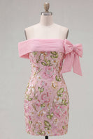 Load image into Gallery viewer, Sparkly Pink Floral Beaded Tight Short Birthday Party Dress with Bow
