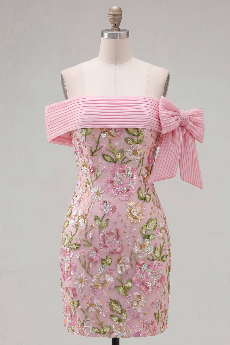 Load image into Gallery viewer, Sparkly Pink Floral Beaded Tight Short Birthday Party Dress with Bow