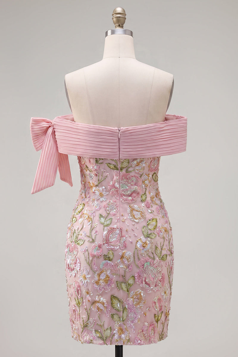 Load image into Gallery viewer, Sparkly Pink Floral Beaded Tight Short Birthday Party Dress with Bow