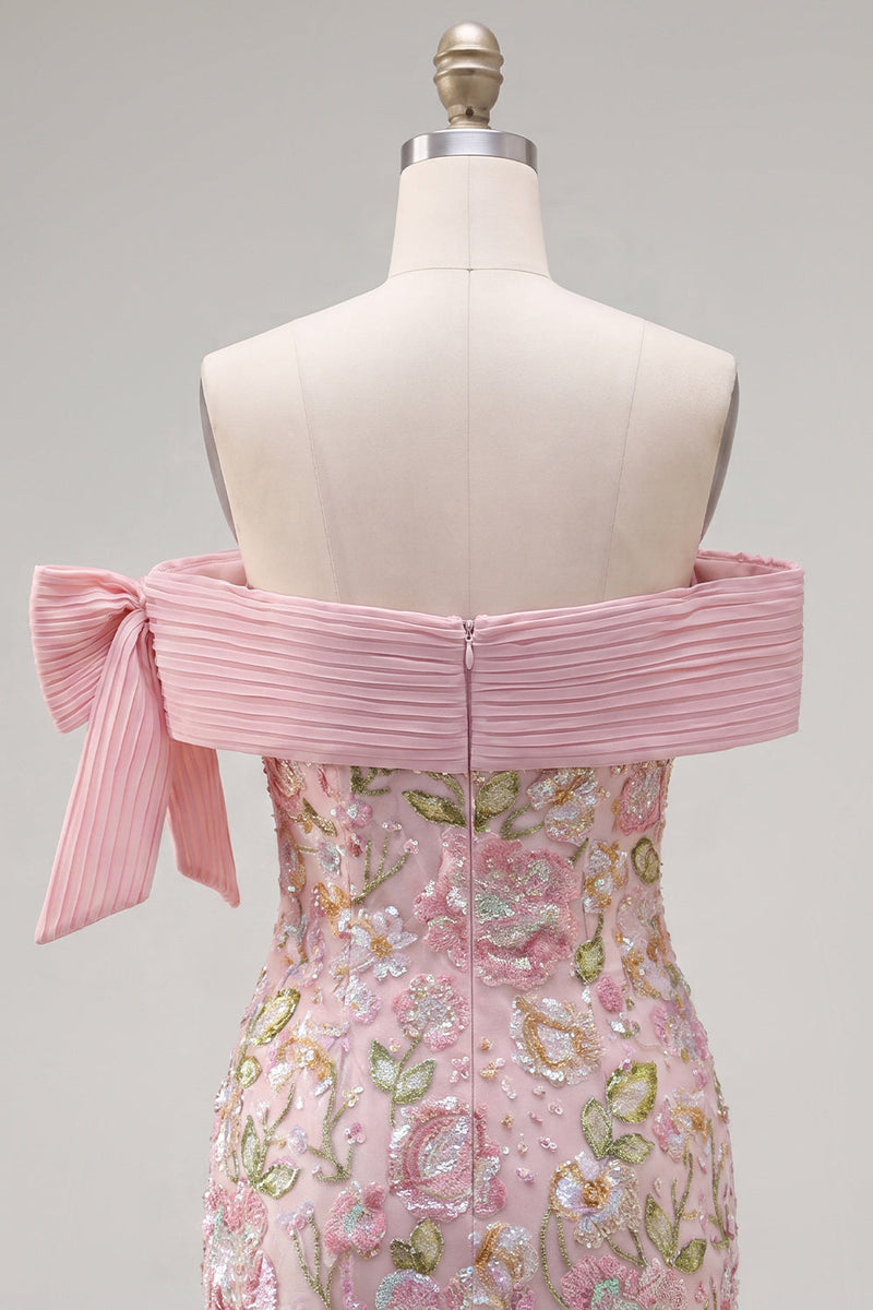Load image into Gallery viewer, Sparkly Pink Floral Beaded Tight Short Birthday Party Dress with Bow