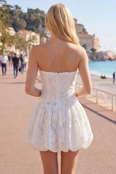 White Floral Strapless A Line Short Birthday Party Dress