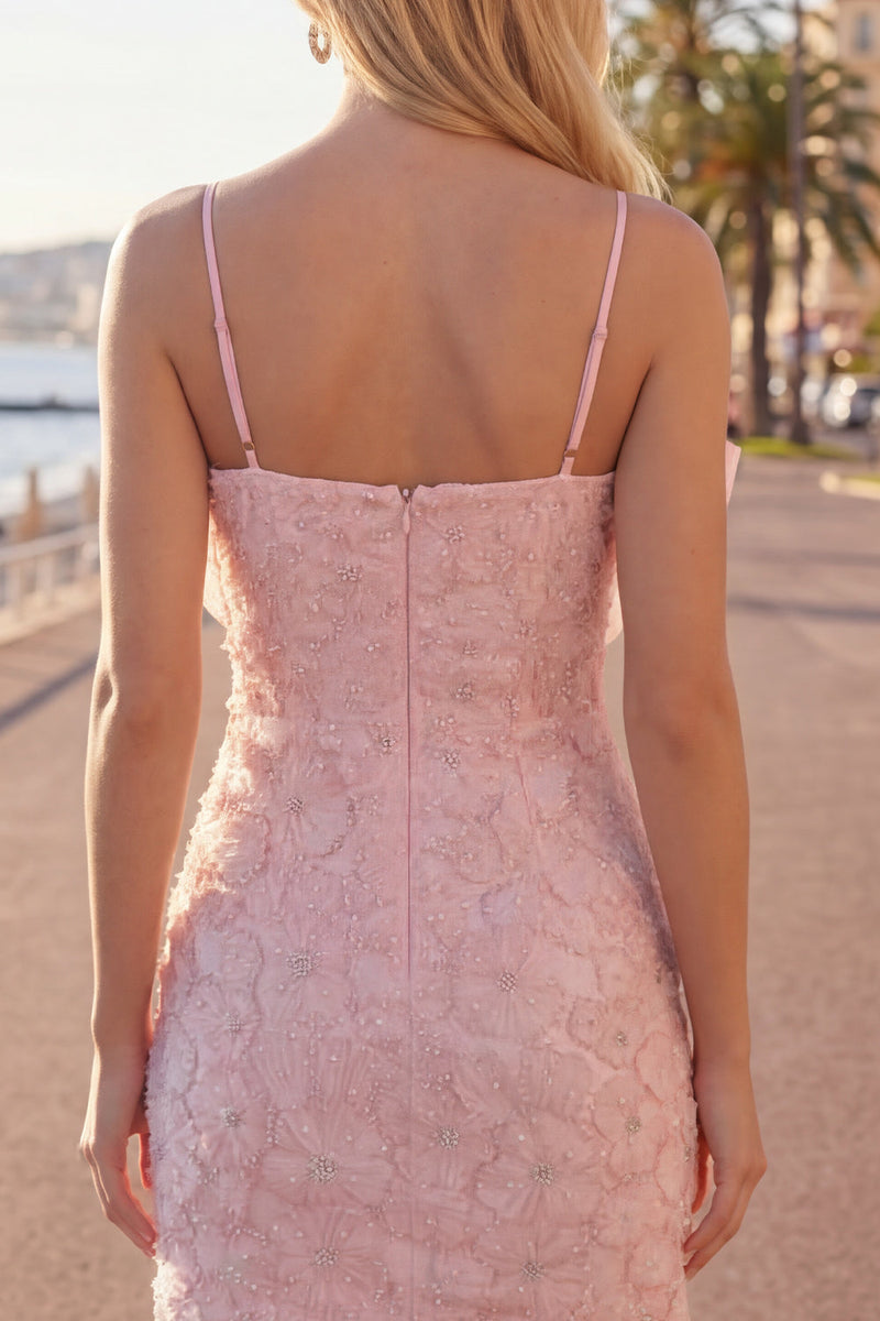 Load image into Gallery viewer, Sparkly Pink Floral Tight Spaghetti Straps Short Birthday Party Dress with Pearls