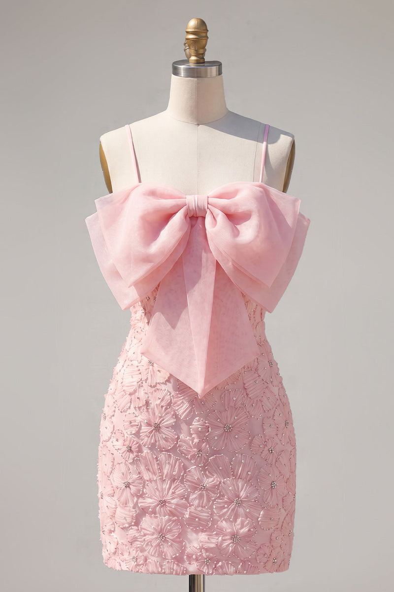 Load image into Gallery viewer, Sparkly Pink Floral Tight Spaghetti Straps Short Birthday Party Dress with Pearls