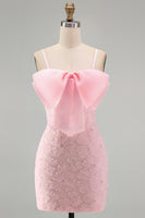 Load image into Gallery viewer, Sparkly Pink Floral Tight Spaghetti Straps Short Birthday Party Dress with Pearls