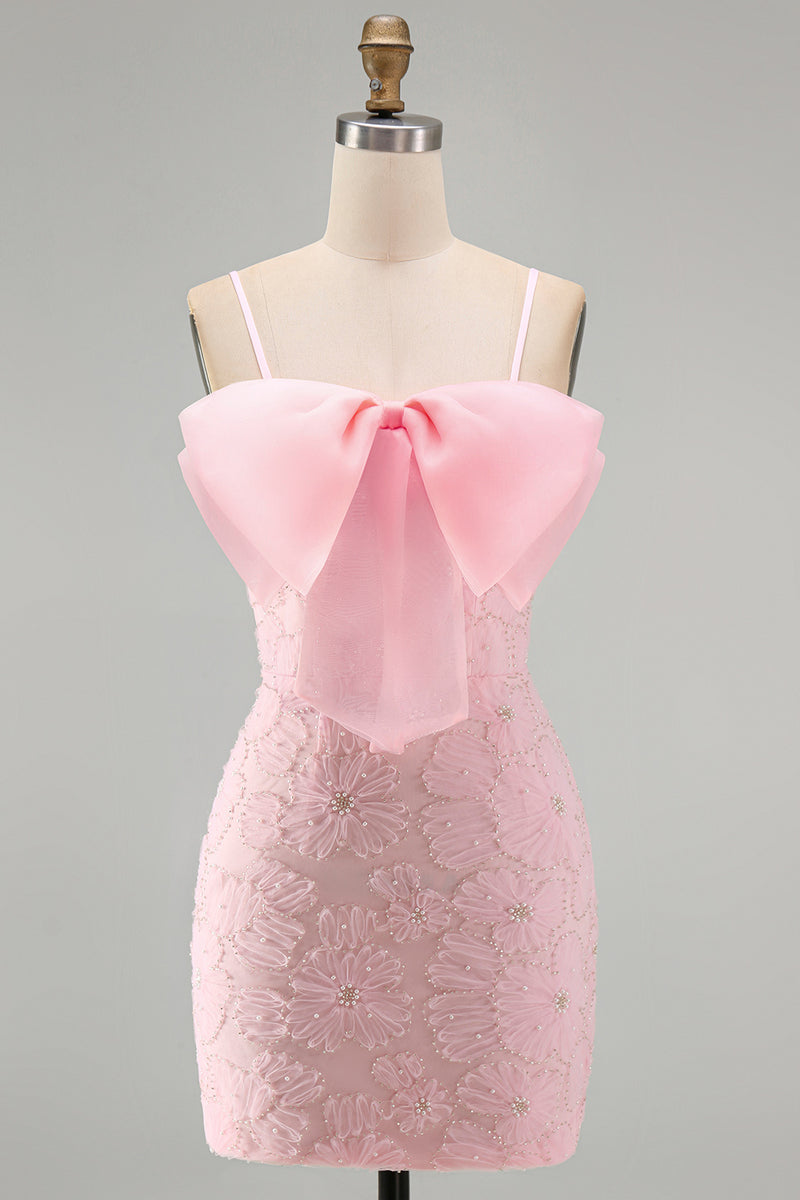 Load image into Gallery viewer, Sparkly Pink Floral Tight Spaghetti Straps Short Birthday Party Dress with Pearls