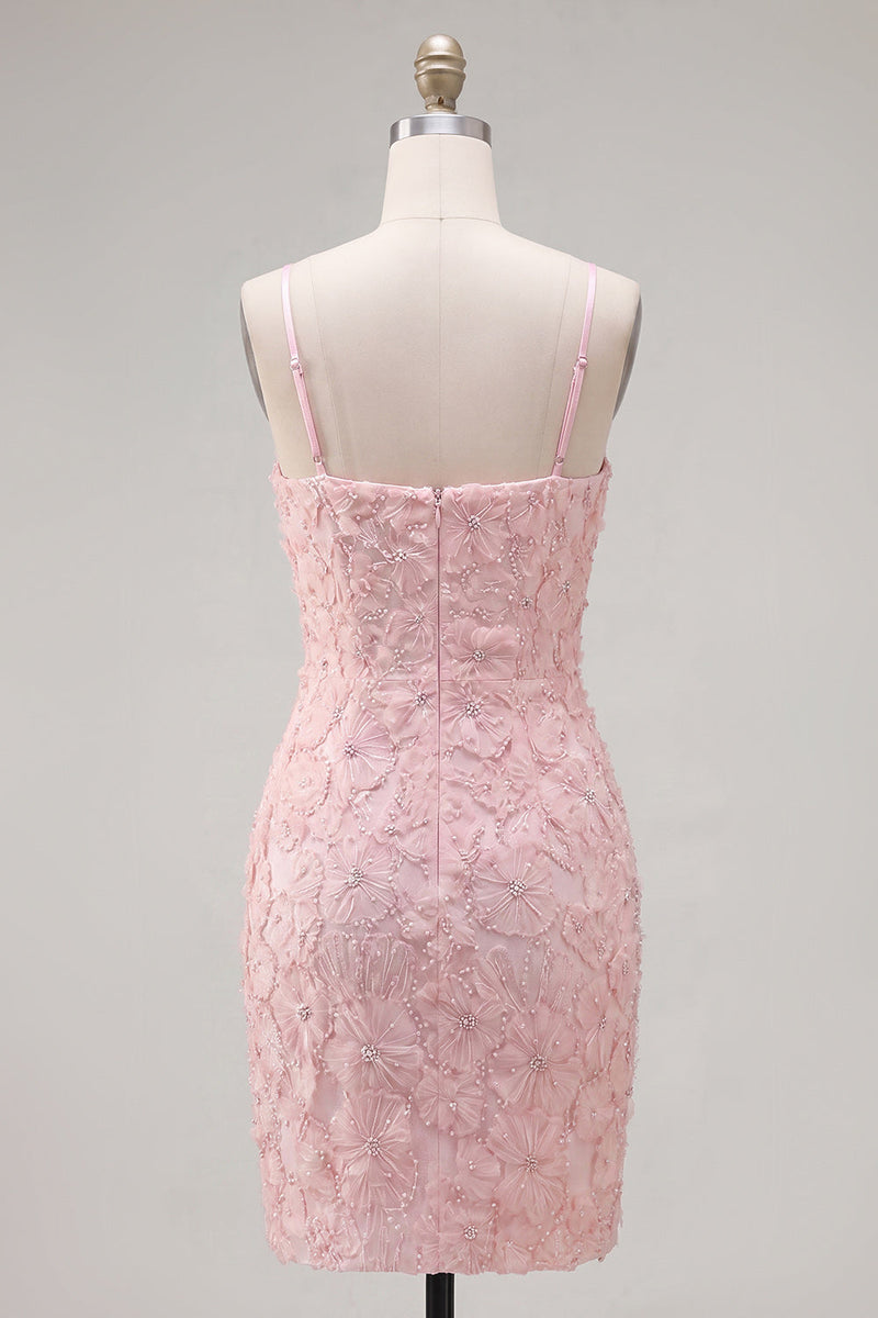 Load image into Gallery viewer, Sparkly Pink Floral Tight Spaghetti Straps Short Birthday Party Dress with Pearls
