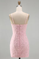 Load image into Gallery viewer, Sparkly Pink Floral Tight Spaghetti Straps Short Birthday Party Dress with Pearls