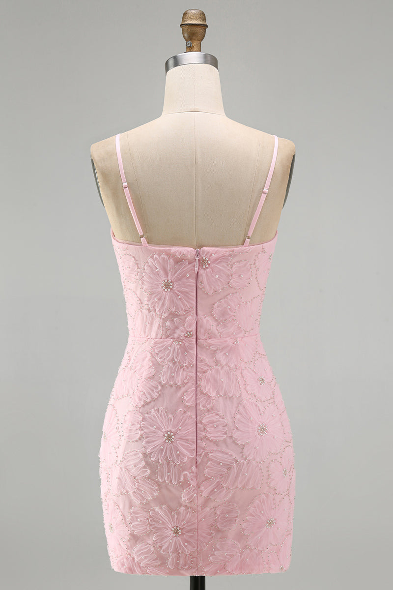 Load image into Gallery viewer, Sparkly Pink Floral Tight Spaghetti Straps Short Birthday Party Dress with Pearls