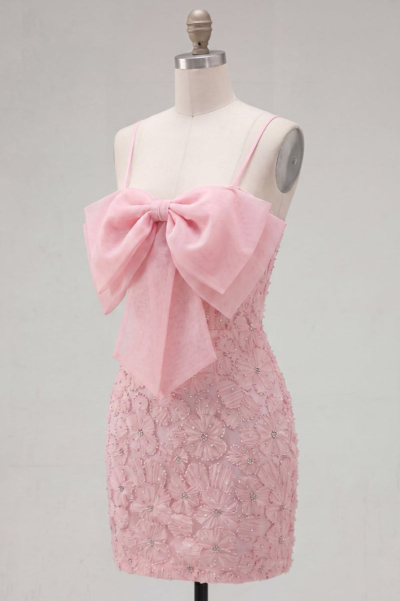 Load image into Gallery viewer, Sparkly Pink Floral Tight Spaghetti Straps Short Birthday Party Dress with Pearls