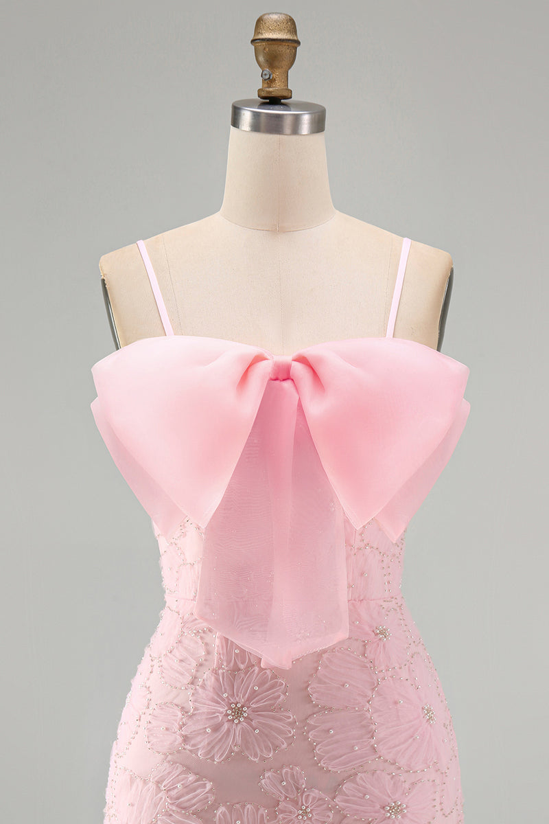 Load image into Gallery viewer, Sparkly Pink Floral Tight Spaghetti Straps Short Birthday Party Dress with Pearls