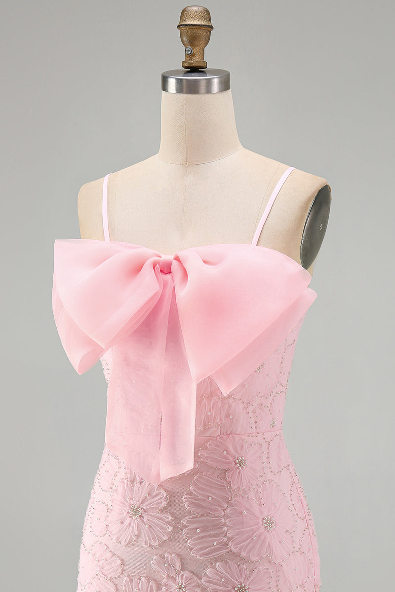 Load image into Gallery viewer, Sparkly Pink Floral Tight Spaghetti Straps Short Birthday Party Dress with Pearls