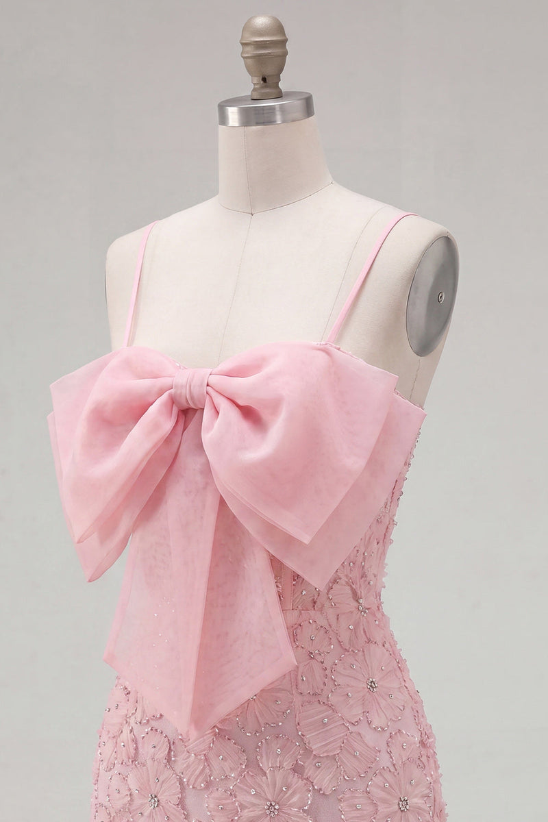 Load image into Gallery viewer, Sparkly Pink Floral Tight Spaghetti Straps Short Birthday Party Dress with Pearls