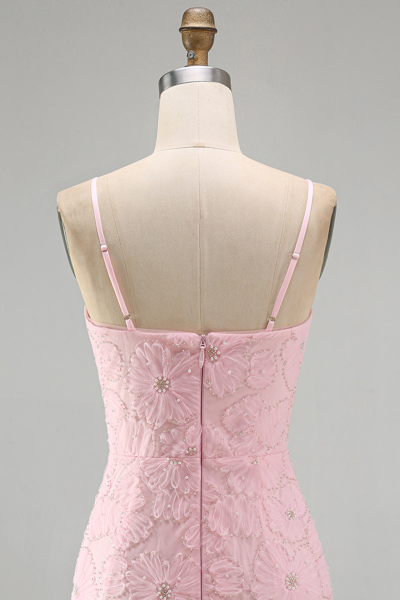 Load image into Gallery viewer, Sparkly Pink Floral Tight Spaghetti Straps Short Birthday Party Dress with Pearls
