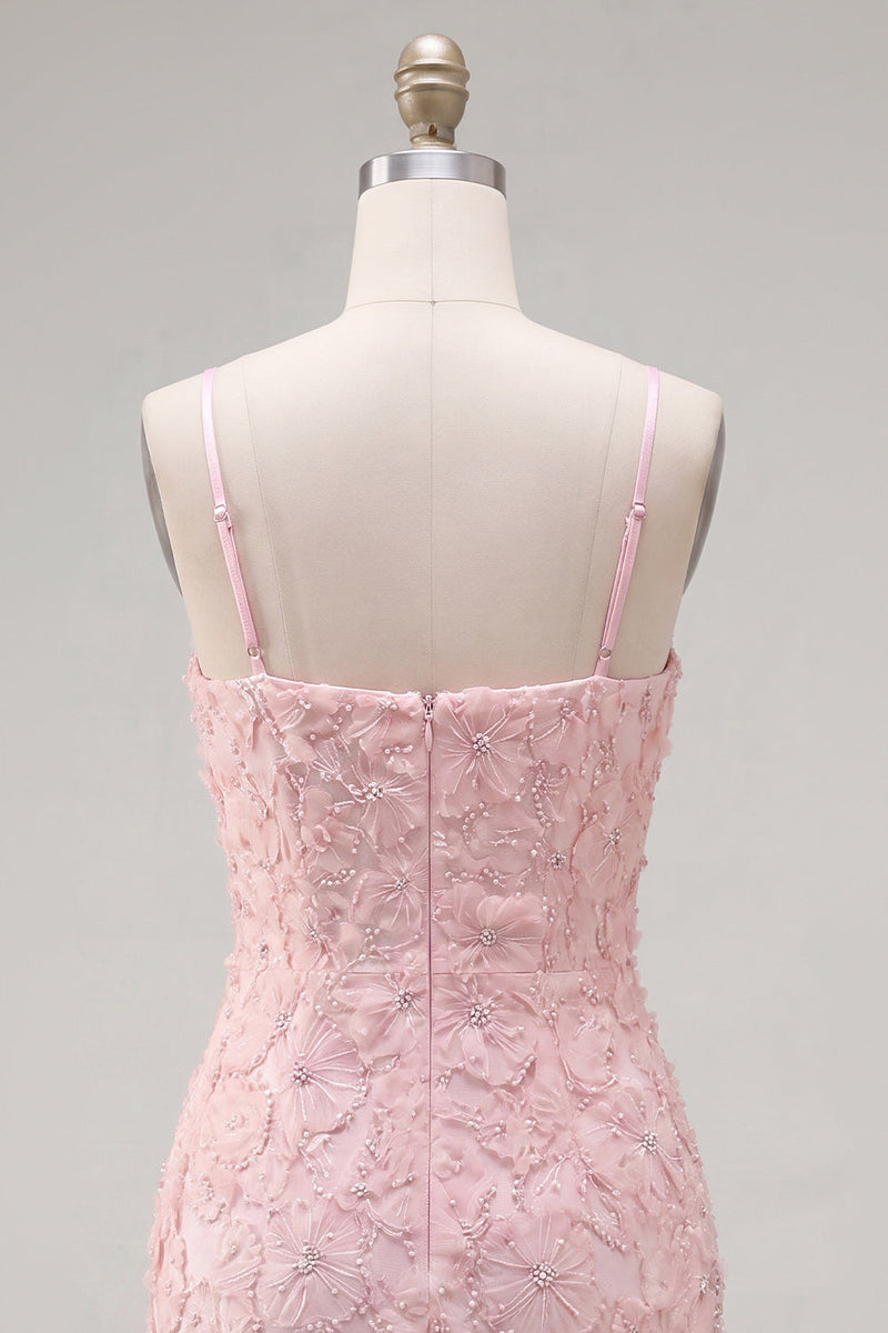 Load image into Gallery viewer, Sparkly Pink Floral Tight Spaghetti Straps Short Birthday Party Dress with Pearls