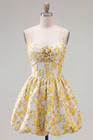 Load image into Gallery viewer, Butter Yellow Floral Short Keyhole A Line Birthday Party Dress with 3D Flower