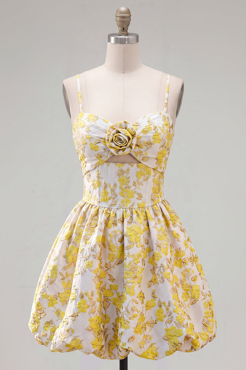 Load image into Gallery viewer, Butter Yellow Floral Short Keyhole A Line Birthday Party Dress with 3D Flower