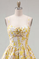 Load image into Gallery viewer, Butter Yellow Floral Short Keyhole A Line Birthday Party Dress with 3D Flower