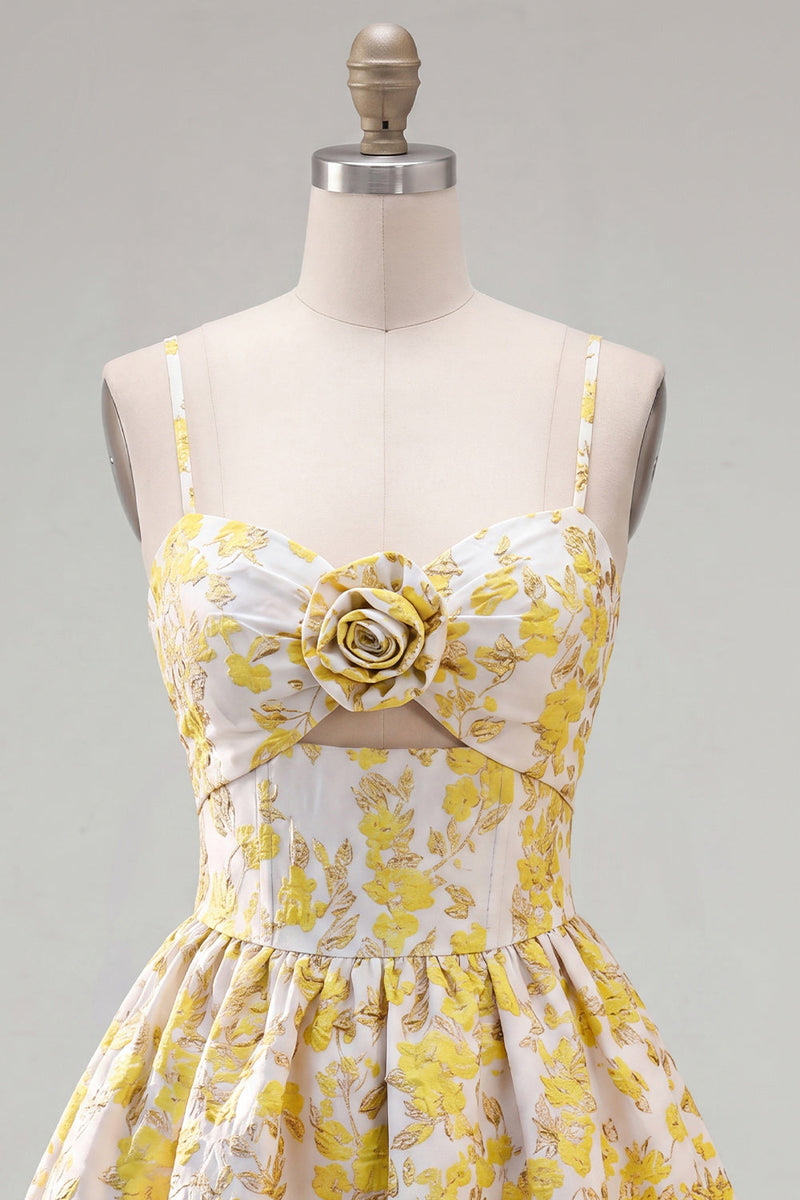 Load image into Gallery viewer, Butter Yellow Floral Short Keyhole A Line Birthday Party Dress with 3D Flower