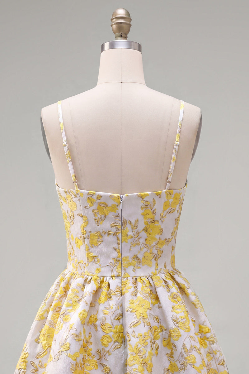 Load image into Gallery viewer, Butter Yellow Floral Short Keyhole A Line Birthday Party Dress with 3D Flower