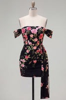 Load image into Gallery viewer, Black Floral Tight Off the Shoulder Short Birthday Party Dress with Sash