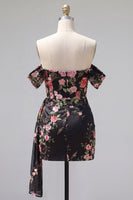 Load image into Gallery viewer, Black Floral Tight Off the Shoulder Short Birthday Party Dress with Sash