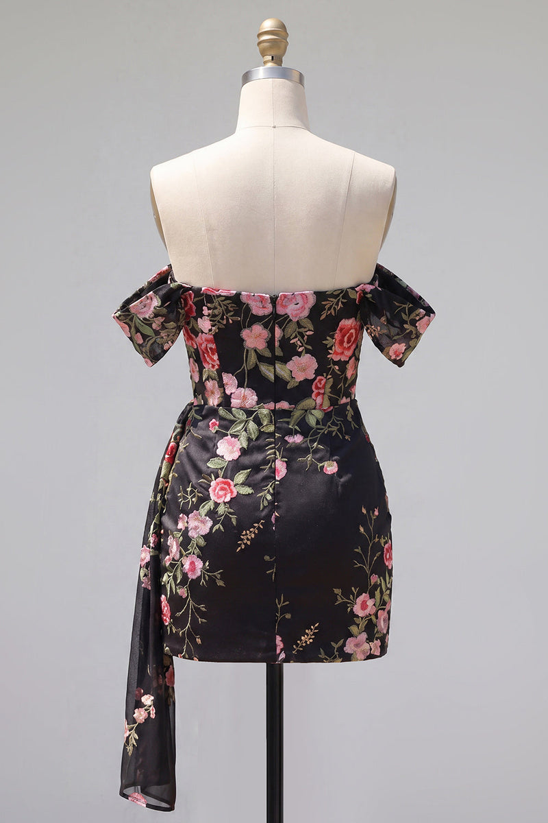 Load image into Gallery viewer, Black Floral Tight Off the Shoulder Short Birthday Party Dress with Sash