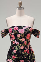 Load image into Gallery viewer, Black Floral Tight Off the Shoulder Short Birthday Party Dress with Sash