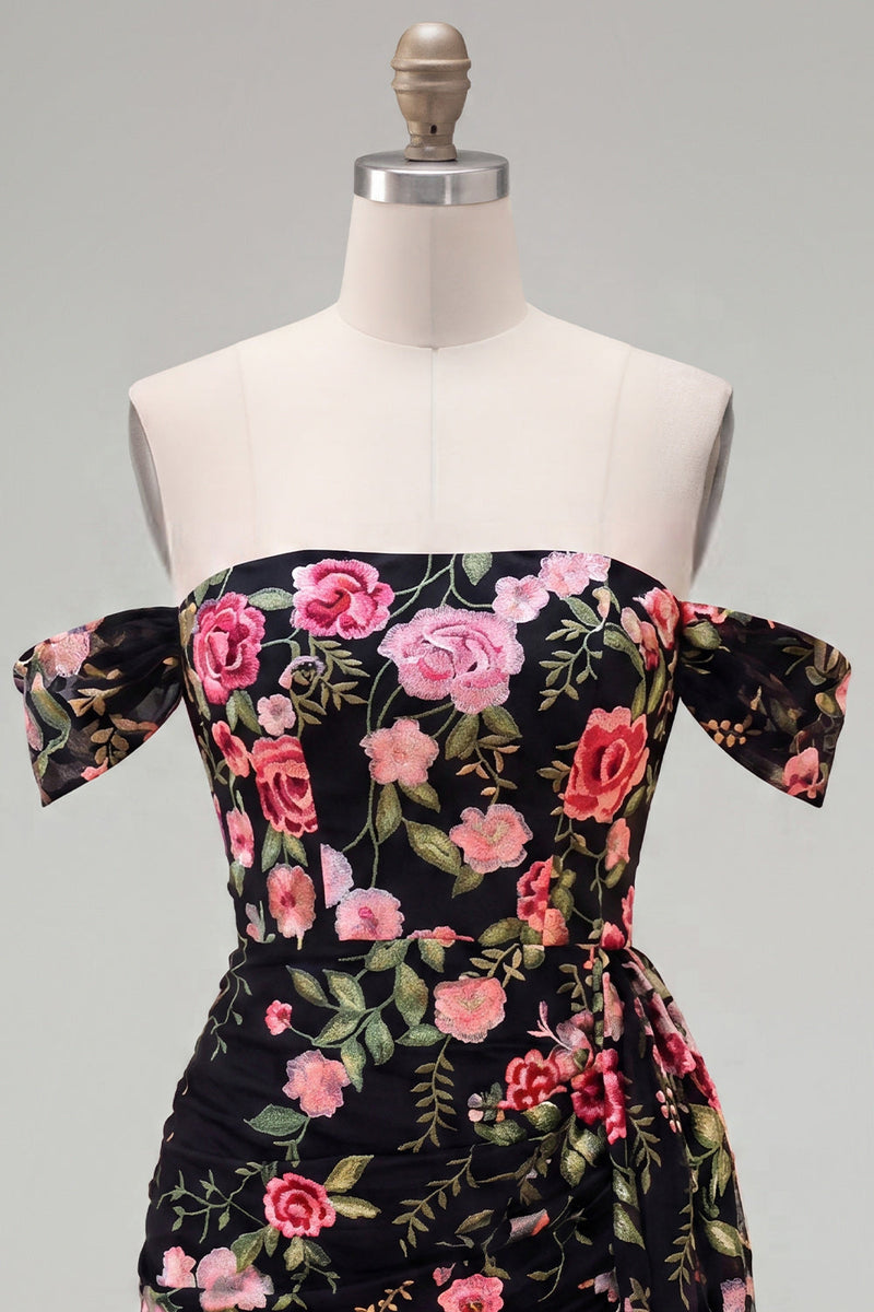 Load image into Gallery viewer, Black Floral Tight Off the Shoulder Short Birthday Party Dress with Sash
