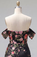 Load image into Gallery viewer, Black Floral Tight Off the Shoulder Short Birthday Party Dress with Sash