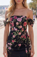Load image into Gallery viewer, Black Floral Tight Off the Shoulder Short Birthday Party Dress with Sash