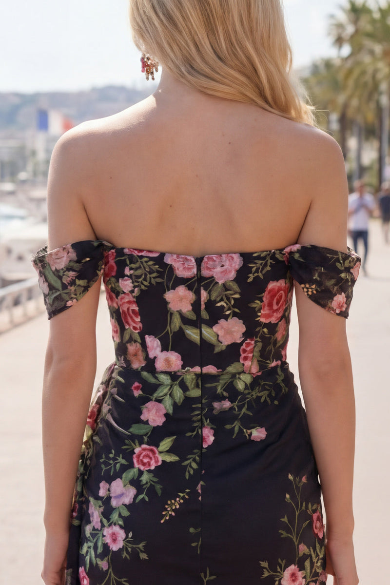 Load image into Gallery viewer, Black Floral Tight Off the Shoulder Short Birthday Party Dress with Sash