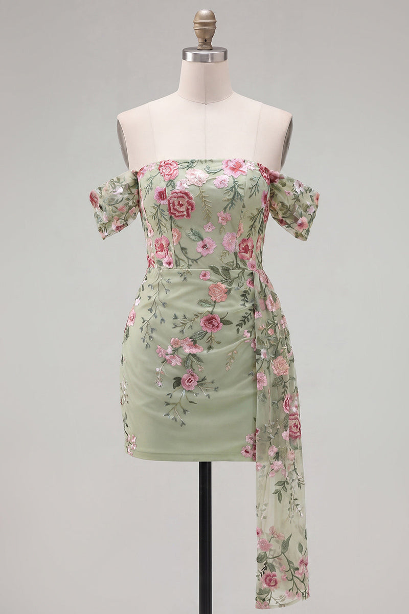 Load image into Gallery viewer, Black Floral Tight Off the Shoulder Short Birthday Party Dress with Sash