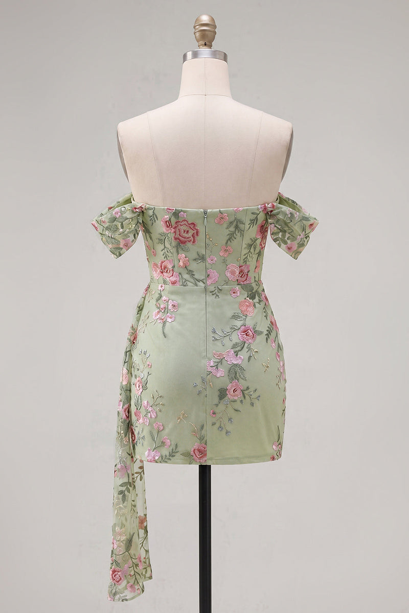 Load image into Gallery viewer, Black Floral Tight Off the Shoulder Short Birthday Party Dress with Sash