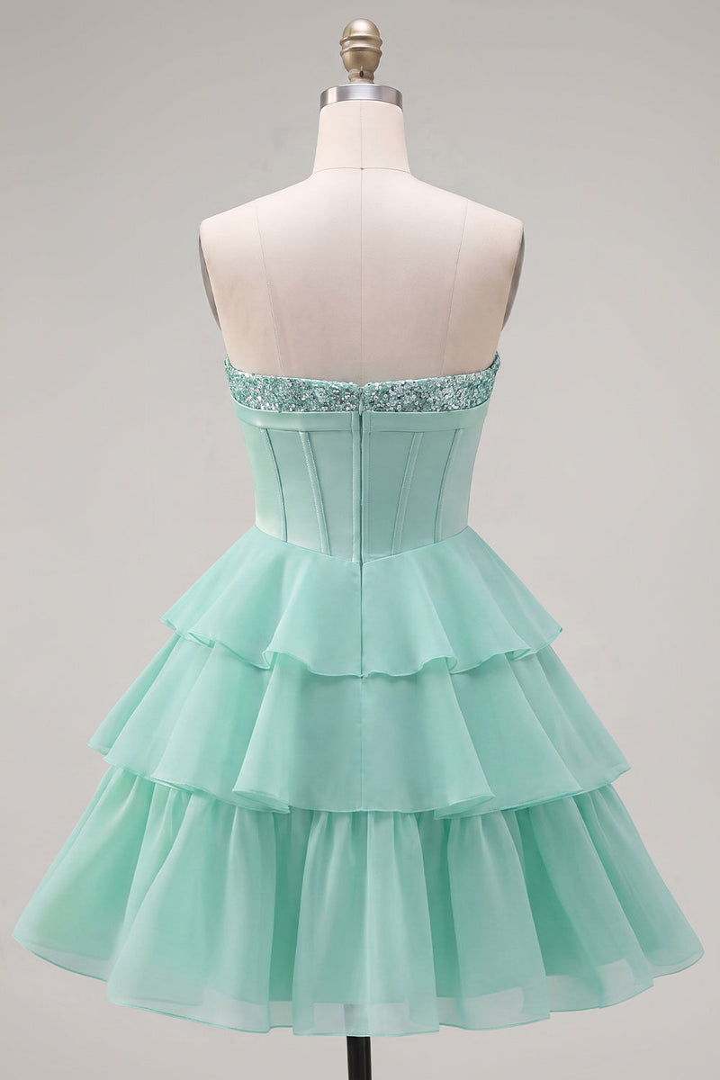 Load image into Gallery viewer, Mint Corset Short Strapless A Line Beaded Birthday Party Dress with Ruffles