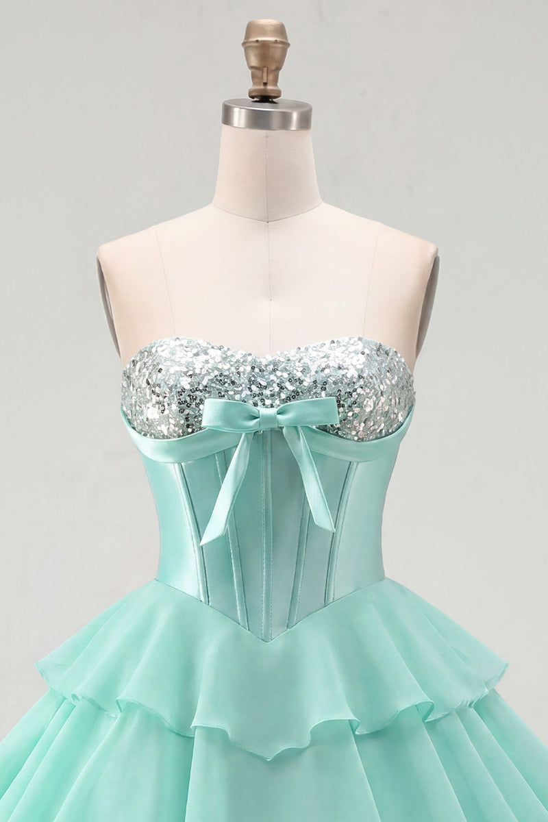 Load image into Gallery viewer, Mint Corset Short Strapless A Line Beaded Birthday Party Dress with Ruffles