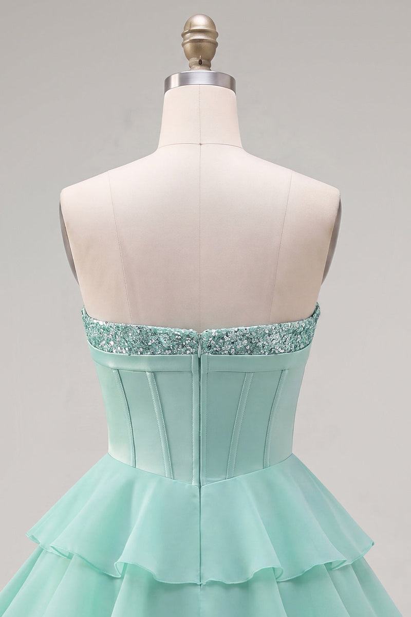 Load image into Gallery viewer, Mint Corset Short Strapless A Line Beaded Birthday Party Dress with Ruffles