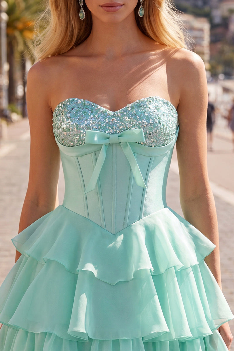 Load image into Gallery viewer, Mint Corset Short Strapless A Line Beaded Birthday Party Dress with Ruffles