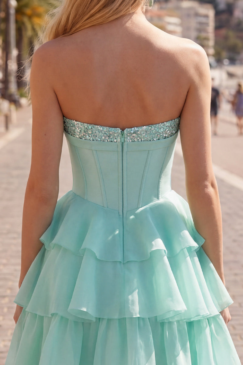 Load image into Gallery viewer, Mint Corset Short Strapless A Line Beaded Birthday Party Dress with Ruffles
