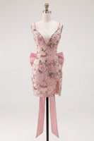 Load image into Gallery viewer, Sparkly Pink Floral Tight Beaded Short V-Neck Birthday Party Dress with Bow