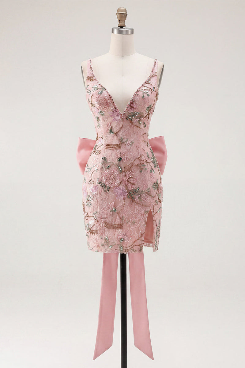 Load image into Gallery viewer, Sparkly Pink Floral Tight Beaded Short V-Neck Birthday Party Dress with Bow