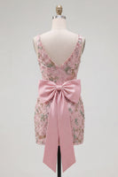 Load image into Gallery viewer, Sparkly Pink Floral Tight Beaded Short V-Neck Birthday Party Dress with Bow