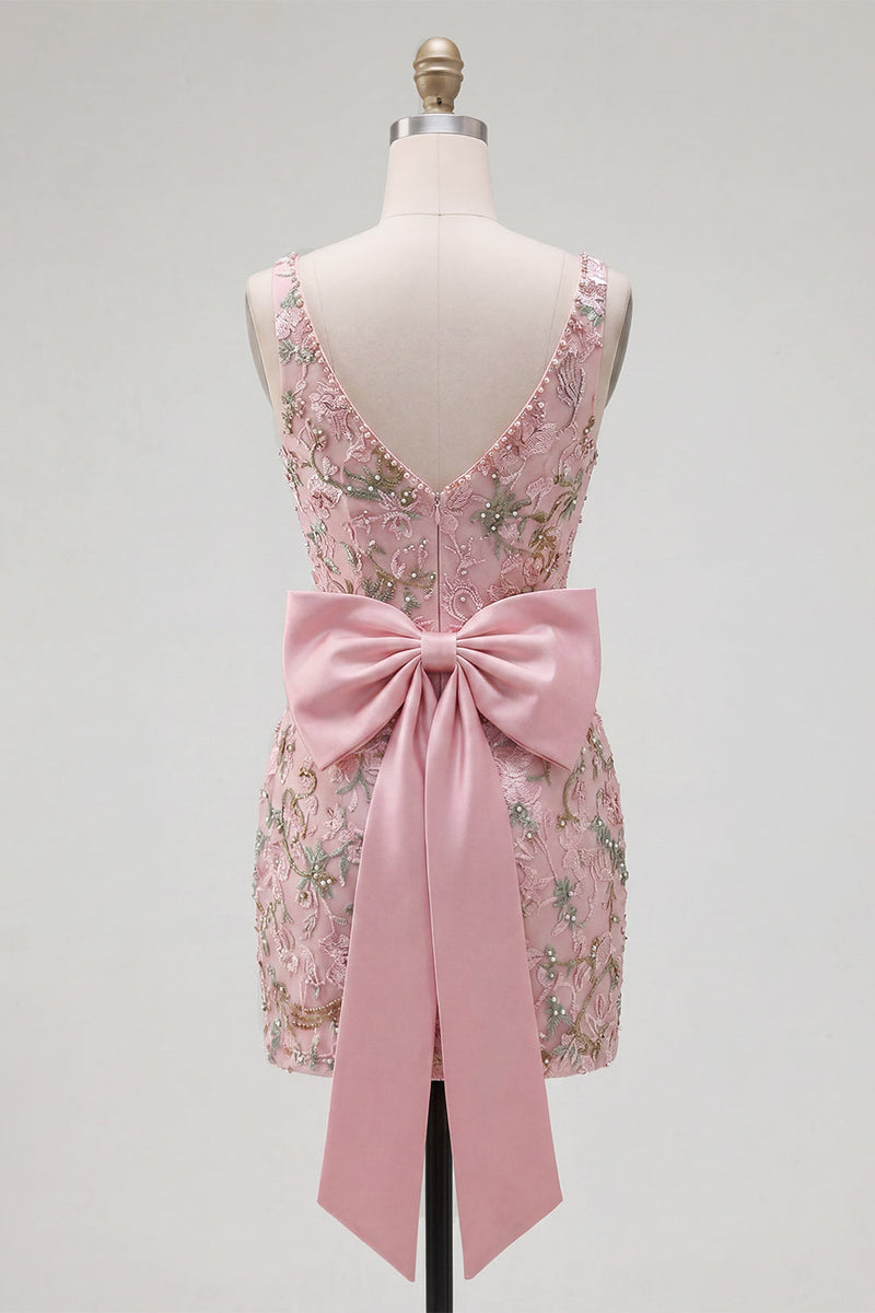 Load image into Gallery viewer, Sparkly Pink Floral Tight Beaded Short V-Neck Birthday Party Dress with Bow
